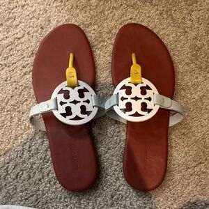 Tory Burch Brown and Yellow Sandals with Silver Accents